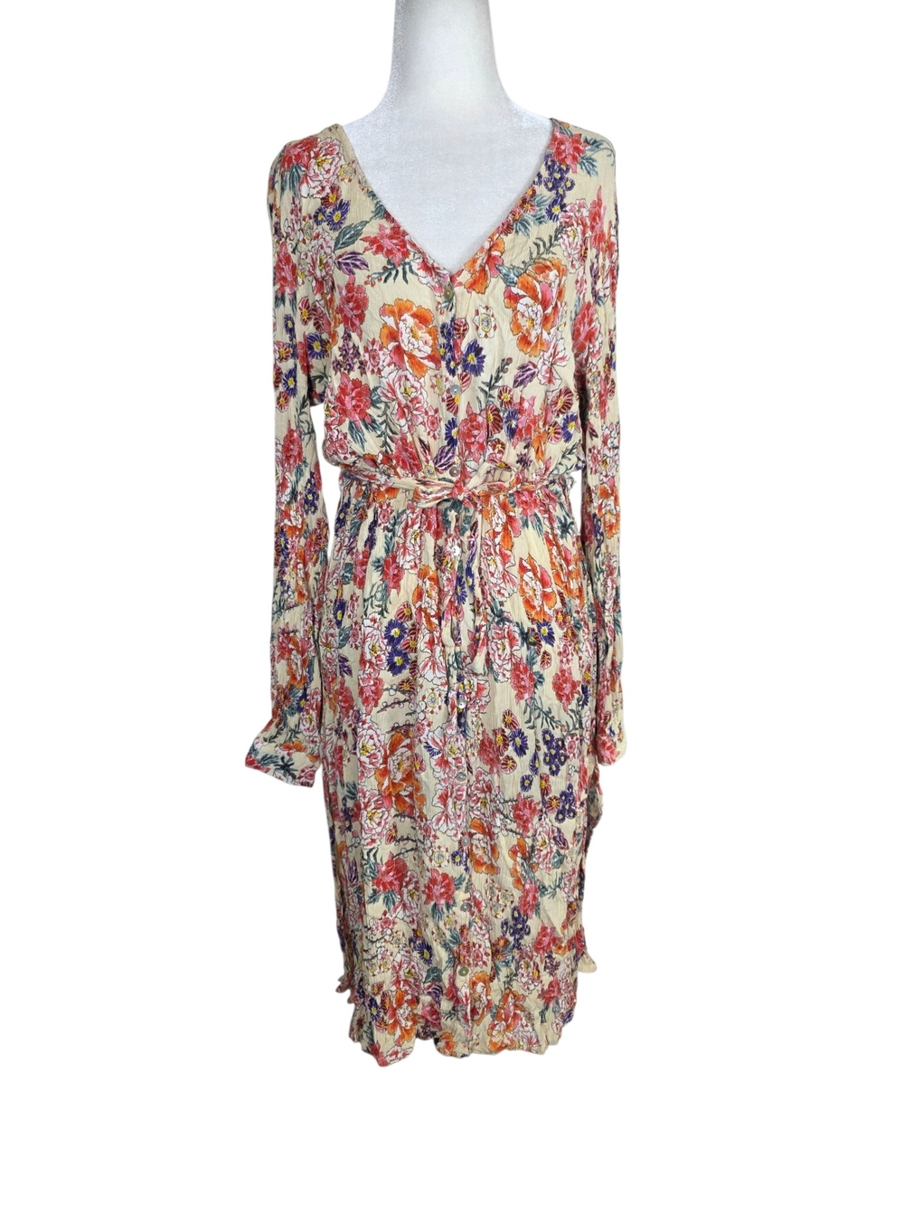 Patrons of peace Floral V-Neck Long Sleeve Midi Dress with Multicolor Print